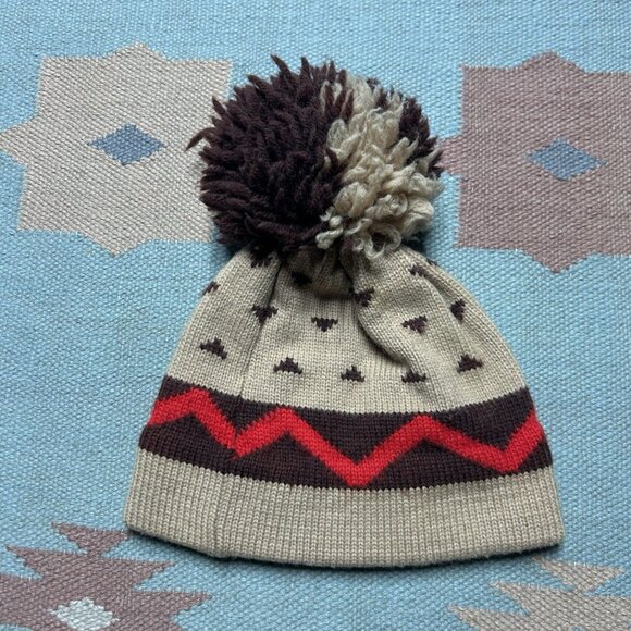 Vintage 70s pure wool knit beanie pom Gerry Aztec geometric adult OSFA - Picture 3 of 5